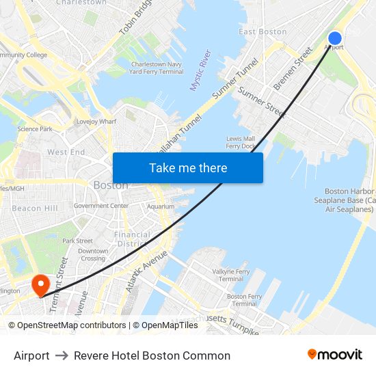 Airport to Revere Hotel Boston Common map