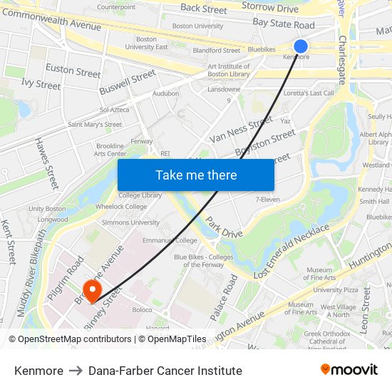 Kenmore to Dana-Farber Cancer Institute map