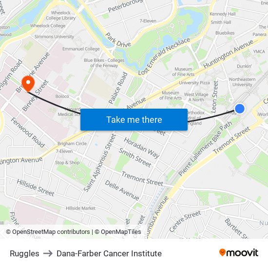 Ruggles to Dana-Farber Cancer Institute map