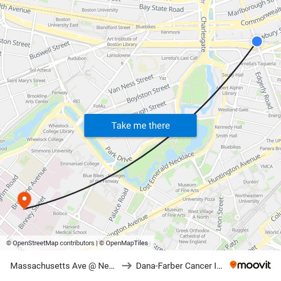 Massachusetts Ave @ Newbury St to Dana-Farber Cancer Institute map
