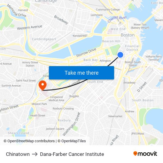 Chinatown to Dana-Farber Cancer Institute map