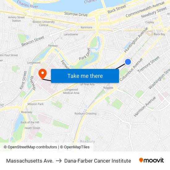 Massachusetts Ave. to Dana-Farber Cancer Institute map