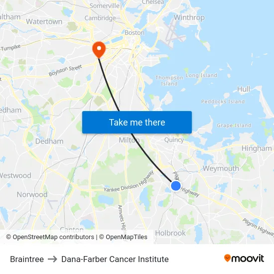 Braintree to Dana-Farber Cancer Institute map