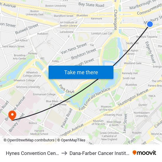 Hynes Convention Center to Dana-Farber Cancer Institute map