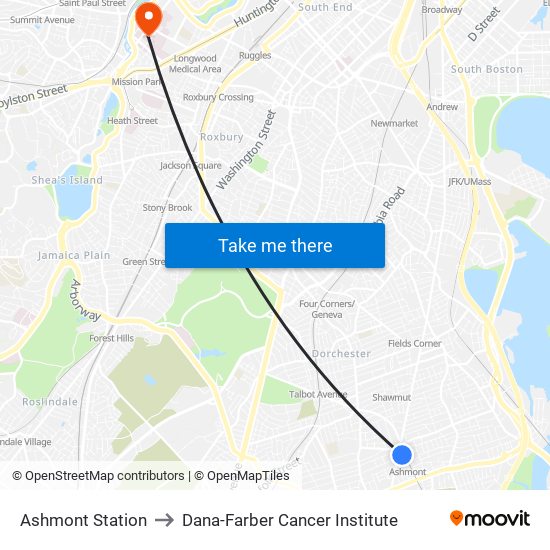 Ashmont Station to Dana-Farber Cancer Institute map