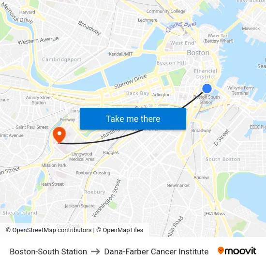 Boston-South Station to Dana-Farber Cancer Institute map