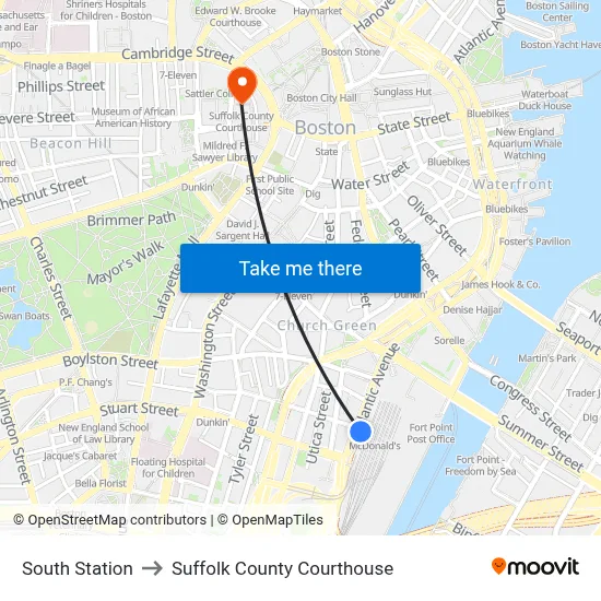 South Station to Suffolk County Courthouse map