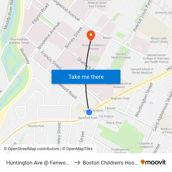 Huntington Ave @ Fenwood Rd to Boston Children's Hospital map