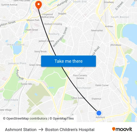 Ashmont Station to Boston Children's Hospital map