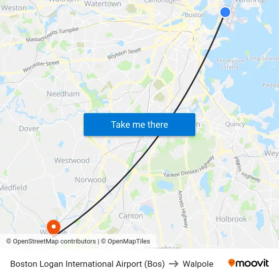 Boston Logan International Airport (Bos) to Walpole map