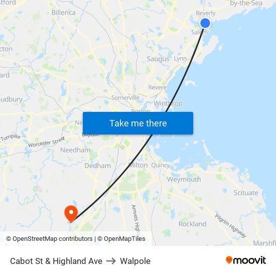 Cabot St & Highland Ave to Walpole map