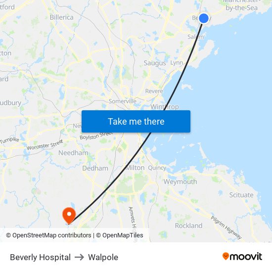 Beverly Hospital to Walpole map