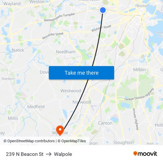 239 N Beacon St to Walpole map