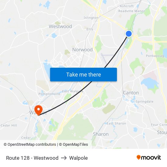 Route 128 - Westwood to Walpole map