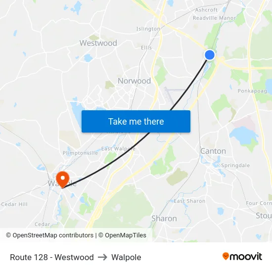 Route 128 - Westwood to Walpole map