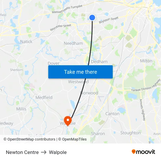 Newton Centre to Walpole map