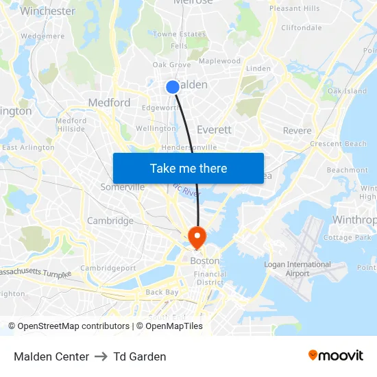 Malden Center to Td Garden map