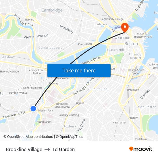 Brookline Village to Td Garden map