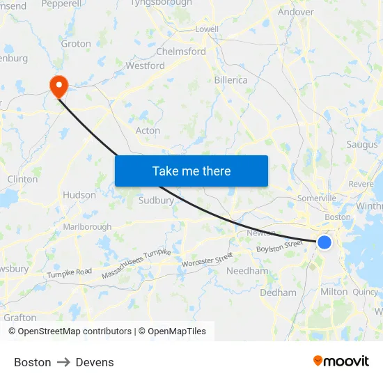Boston to Devens map
