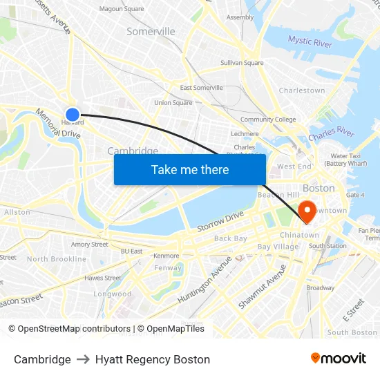 Cambridge to Hyatt Regency Boston map