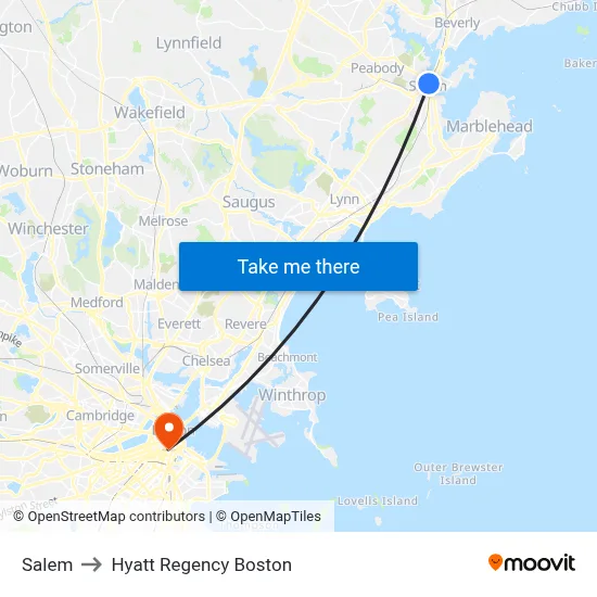 Salem to Hyatt Regency Boston map