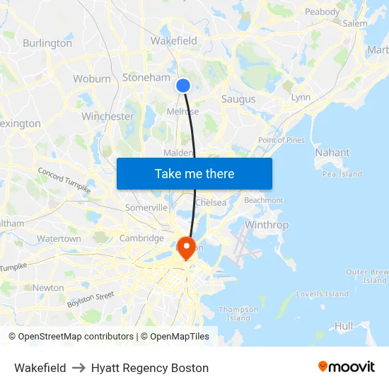 Wakefield to Hyatt Regency Boston map