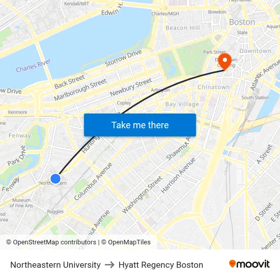 Northeastern University to Hyatt Regency Boston map
