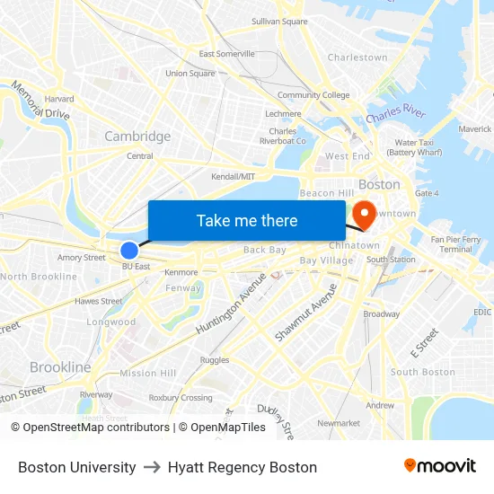 Boston University to Hyatt Regency Boston map