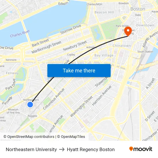 Northeastern University to Hyatt Regency Boston map