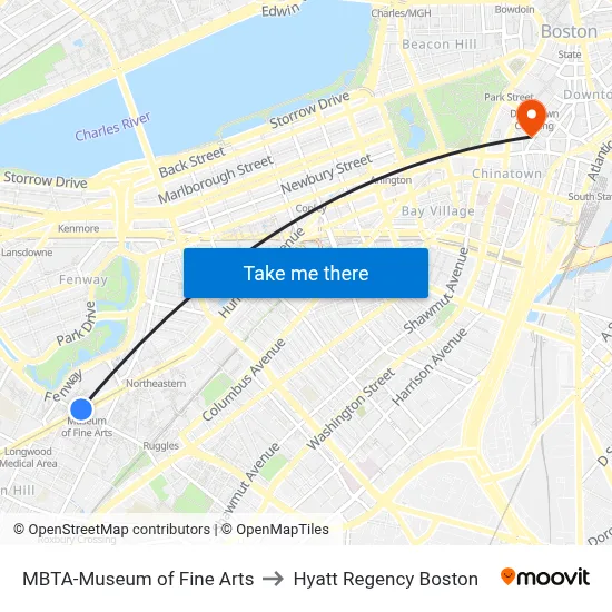 MBTA-Museum of Fine Arts to Hyatt Regency Boston map