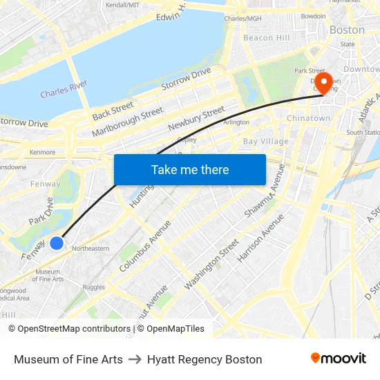 Museum of Fine Arts to Hyatt Regency Boston map