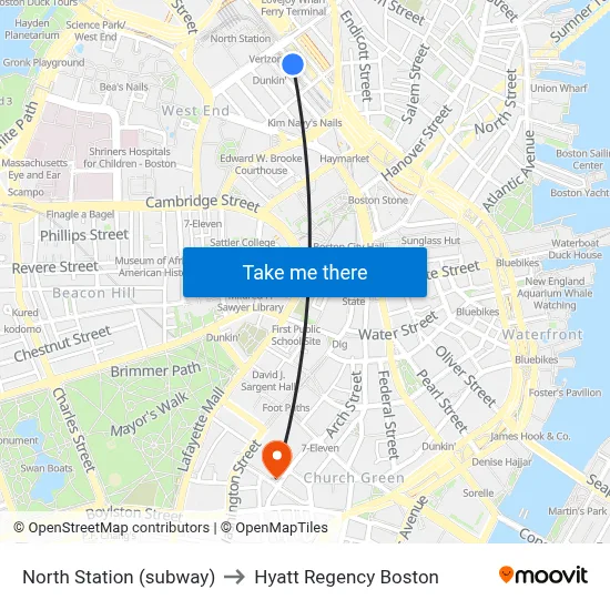 North Station (subway) to Hyatt Regency Boston map