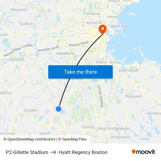 P2-Gillette Stadium to Hyatt Regency Boston map