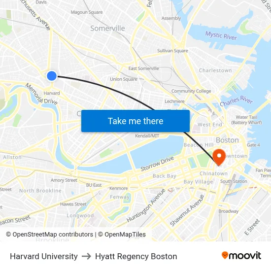 Harvard University to Hyatt Regency Boston map