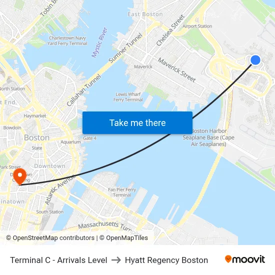 Terminal C - Arrivals Level to Hyatt Regency Boston map