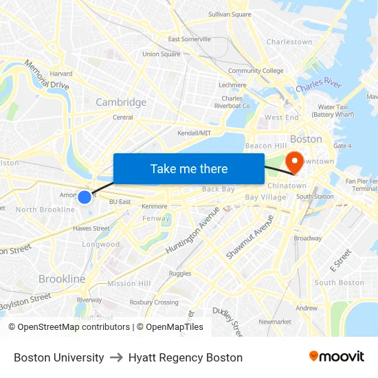 Boston University to Hyatt Regency Boston map