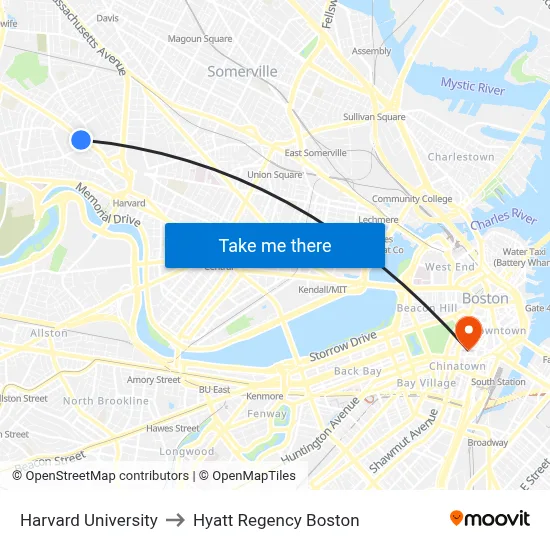 Harvard University to Hyatt Regency Boston map