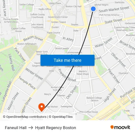 Faneuil Hall to Hyatt Regency Boston map
