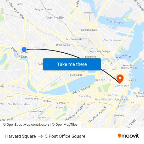 Harvard Square to 5 Post Office Square map