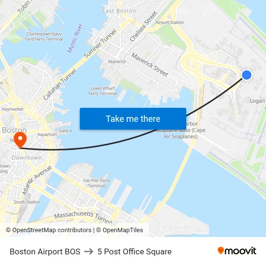 Boston Airport BOS to 5 Post Office Square map