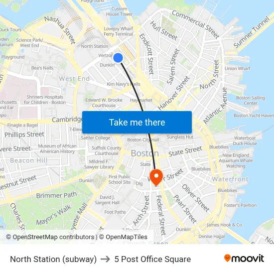 North Station (subway) to 5 Post Office Square map
