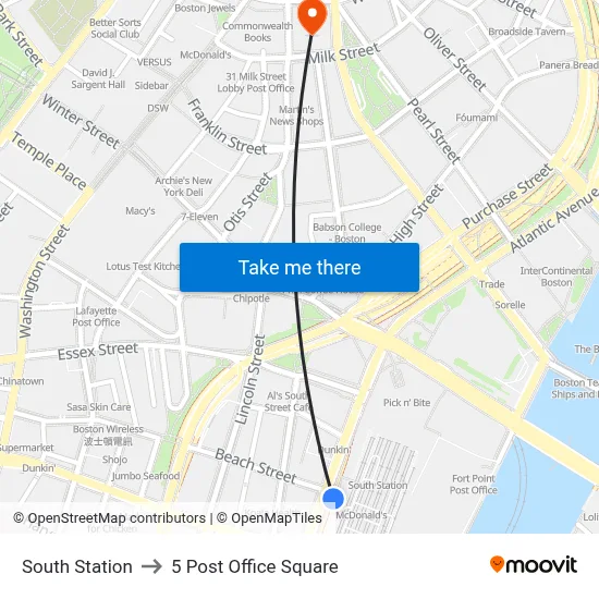 South Station to 5 Post Office Square map