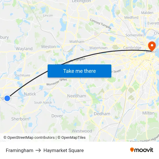 Framingham to Haymarket Square map
