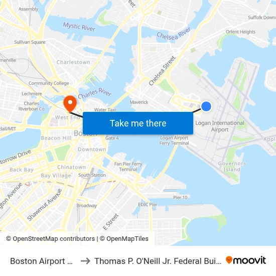 Boston Airport BOS to Thomas P. O'Neill Jr. Federal Building map