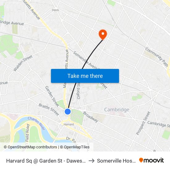 Harvard Sq @ Garden St - Dawes Island to Somerville Hospital map