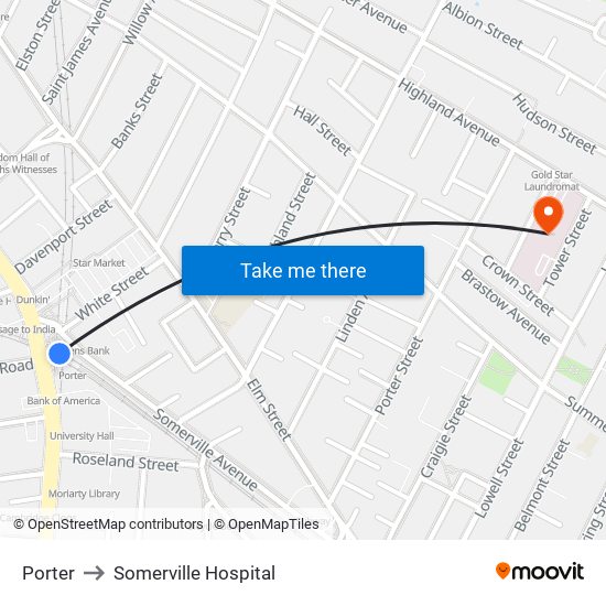 Porter to Somerville Hospital map