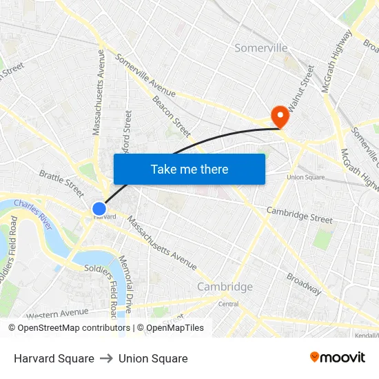 Harvard Square to Union Square map
