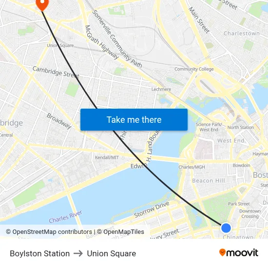 Boylston Station to Union Square map