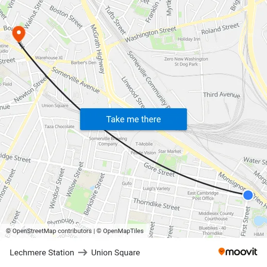 Lechmere Station to Union Square map