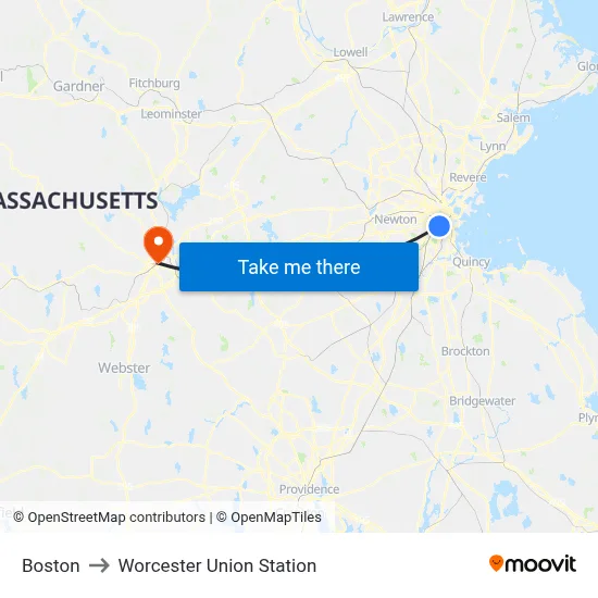 Boston to Worcester Union Station map